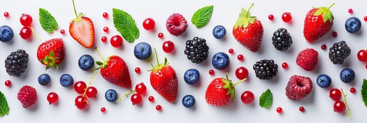 Wall Mural - Various fresh berries and raspberries arranged together on a plain white surface