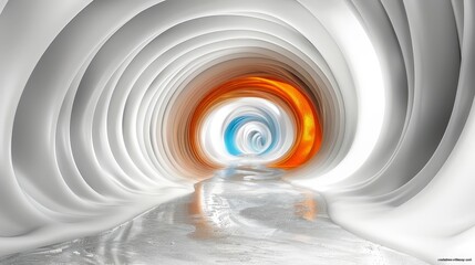 Fototapete - A tunnel with white walls featuring swirling patterns in shades of blue and orange