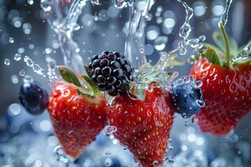 Wall Mural - Three ripe strawberries are shown splashing into a tall glass of clear water, creating ripples and bubbles