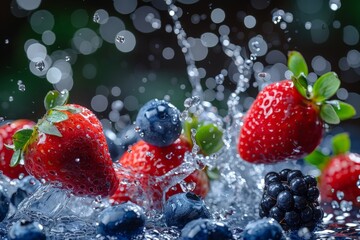 Poster - Strawberries, blueberries, and raspberries are splashing in water, creating a vibrant and refreshing image