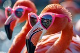 Fototapeta  - two flamingos  donning pink sunglasses