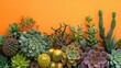 An assortment of succulents and cacti in a container against a bright orange backdrop Soft hues Exotic foliage