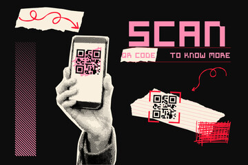 Wall Mural - Hand with smartphone with QR code on screen. Scribble, torn paper, arrow. Contemporary halftone dot style. Modern cut out collage banner. Trendy vintage mixed media design. Retro Y2K zine element. 