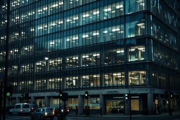 Modern office building windows lit in evening night early morning long working hours exhaustion overtime exterior urban architecture skyscraper lights tower financial sector banking hq headquarters