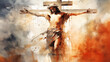 Sacrifice on cross, and ultimate triumph of faith through resurrection in a stunning portrayal of crucifixion narrative. Using watercolor as an expression, artist depicted passion of Jesus Christ.