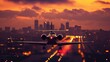 Out of focus view of a private jet silhouetted against a vibrant city skyline evoking a sense of jetsetting and elite travel. .
