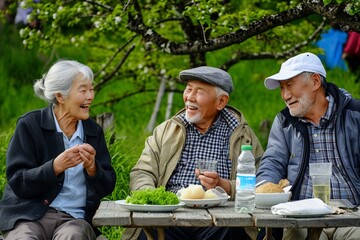 elderly asian people enjoy eating and drinking water in the garden