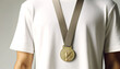 Close-up of an Olympic medal on a female athlete's chest, attached to a neutral ribbon against a white tank top. 