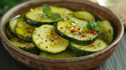 Wall Mural - Sliced cucumbers with seasoning in a bowl