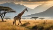 A giraffe (giraffa) walking in a field in the grasslands of the savanna with a hazy silhouette of the mountains in the background