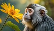 A silver leaf or silvery Lutung monkey, Trachypithecus cristatus, reaching out for a yellow flower 