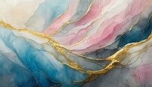 Abstract Watercolor Paint Background Illustration - Soft Pastel Pink Blue Color And Golden Lines, With Liquid Fluid Marbled Paper Texture, 8k 
