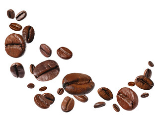 Poster - Roasted coffee beans flying on white background