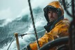 Close-up of a captain navigating a cargo ship through choppy waters with determination.