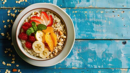 Wall Mural - Nut filled oatmeal served on a white dish with fresh fruits placed on a blue wooden surface for a healthy meal option viewed from above