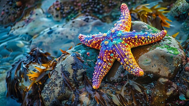 Close-up of a vibrant starfish clinging to a rock in a tide pool, its colorful arms outstretched in a striking display of marine beauty.