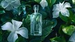 Refined Perfume Advertisement Showcasing Glass Bottle and Natural Beauty