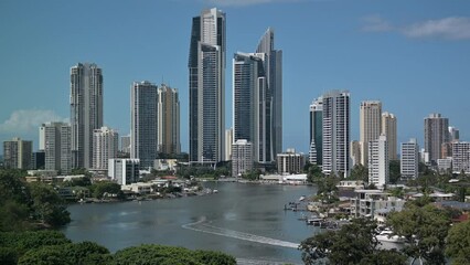 Wall Mural - Aerial landscape view of Nerang River and Surfers Paradise skyline the Gold Coast's entertainment and tourism centre. 