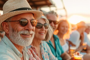 Wall Mural - Cheerful senior man in hat and sunglasses looking at camera with friends on background