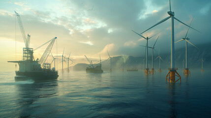 Wall Mural - Powering Future Seas: Construction of Offshore Wind Turbines in Marine Environment
