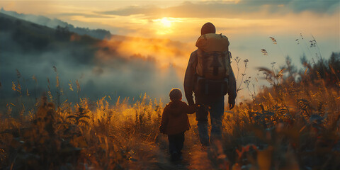 Wall Mural - Father's Day theme with father and his child traveling and hiking or doing outdoor activity together in the nature at sunset