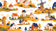Colorful seamless pattern with watermills and windm