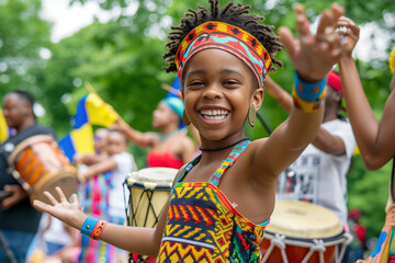 a vibrant juneteenth kids celebration in a city park, with families and friends gathering for music 