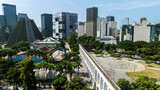 Fototapeta Mapy - Aerial view of Carioca Aqueduct bridge and tall buildings in business district, Rio de Janeiro, Brazil 