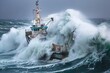 massive waves toss a crab fishing ship