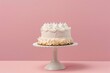 minimalistic posh cake on a stand, solid pink background