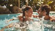 a couple in a pool splashing each other, fun, flirty