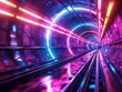 Perspective view from the front of a neonaccented train as it races through a tunnel, the lights forming continuous streaks along the walls