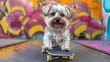 Maltese dog skateboarding in urban setting with modern graffiti backdrop. Concept Dog Photography, Urban Setting, Skateboarding, Maltese Breed, Graffiti Backdrop