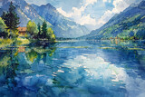 Fototapeta Nowy Jork - Watercolor illustration of a landscape with lake and mountains - Generative AI