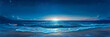 Panoramic ocean view late evening after sunset, calming blue colors, refreshing sea vibes, sandy beach, star filled summer night