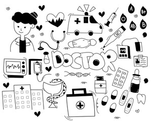 Medicine icons doodle set on white. Health care, pharmacy icons. Vector illustration. set of icons nurse day