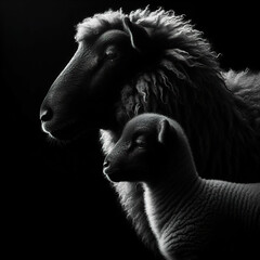 Wall Mural - Black background Rim light a sheep mother and her baby in profile photography, with the light shining on its fur