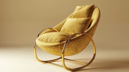 A fusion of luxury and comfort, this gold frame rocking chair with boucle fabric and pillow stands on a sleek metal base, isolated background
