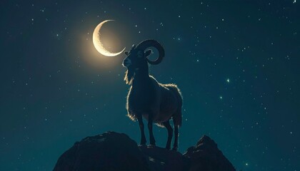 Goat or sacrificial sheep silhouette on dark night evening stars sky background. Eid Al Adha Mubarak, Eid Al Adha festival symbol. For banner, card, poster,  with  place for text.