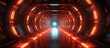 3d rendering of realistic sci-fi dark corridor with red light. Futuristic tunnel with grunge metal walls. Cyberpunk tunnel.