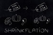 Shrinkflation design with groceries in grams and euros, products getting smaller for the same price due to Inflation and recession