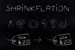 Shrinkflation design with groceries labels in oz and dollars, products getting smaller for the same price due to Inflation