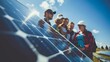 Closeup of a group of researchers from different countries gathered around a solar panel exchanging ideas and collaborating on a new project for sustainable energy. .