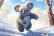 cartoon illustration, a koala is running in the snow