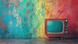 Vintage television set against colorful abstract painted background