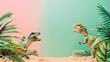 Toy dinosaurs in miniature tropical setting with pastel background
