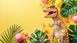 Toy dinosaur surrounded by tropical leaves and fruit on yellow background
