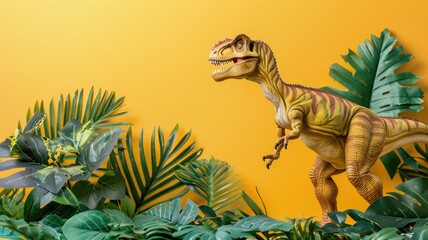 Wall Mural - Toy dinosaur model posing among artificial plants with orange background