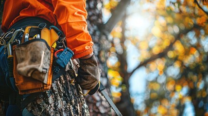 Close-up of worker with tool belt climbing tree