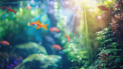 Canvas Print - Vibrant fish swimming in lush underwater scene with sunbeams filtering through